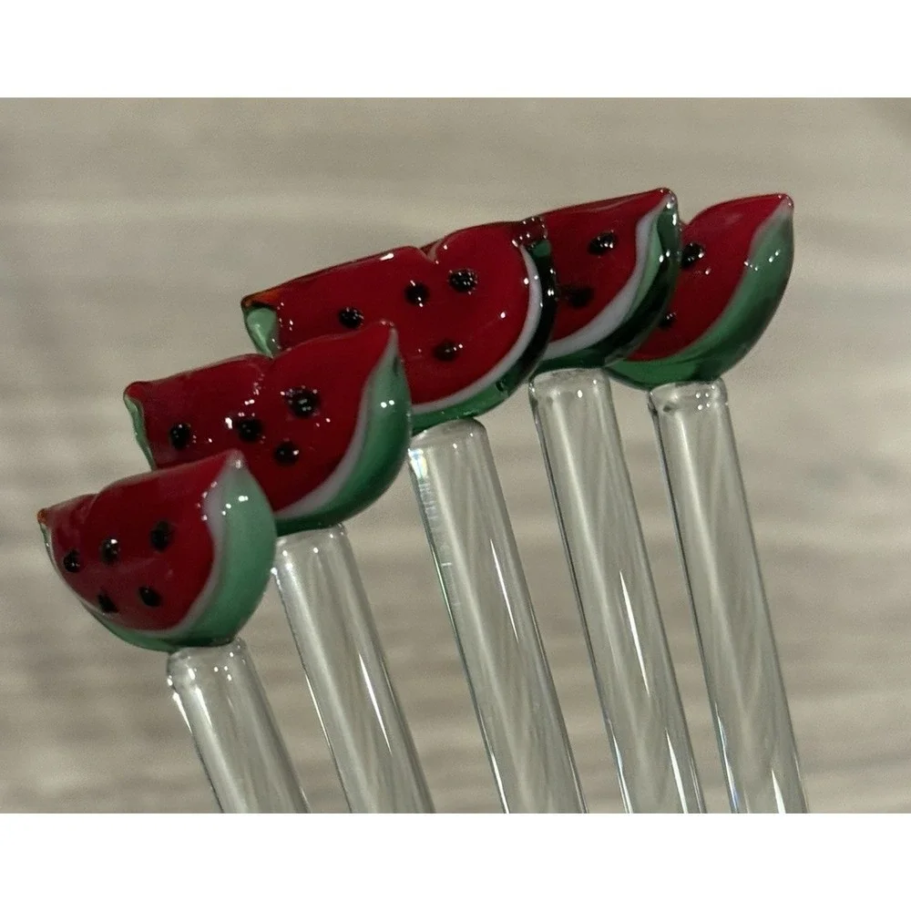 Hand Blown Glass‎ Watermelon Fruit Barware Swizzle Stir Sticks Set Lot of 5